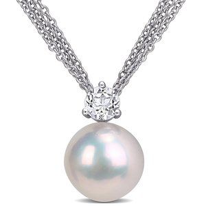 New Gorgeous 925 Silver Cultured Pearl White Topaz Mesh-Chain Pendant Necklace